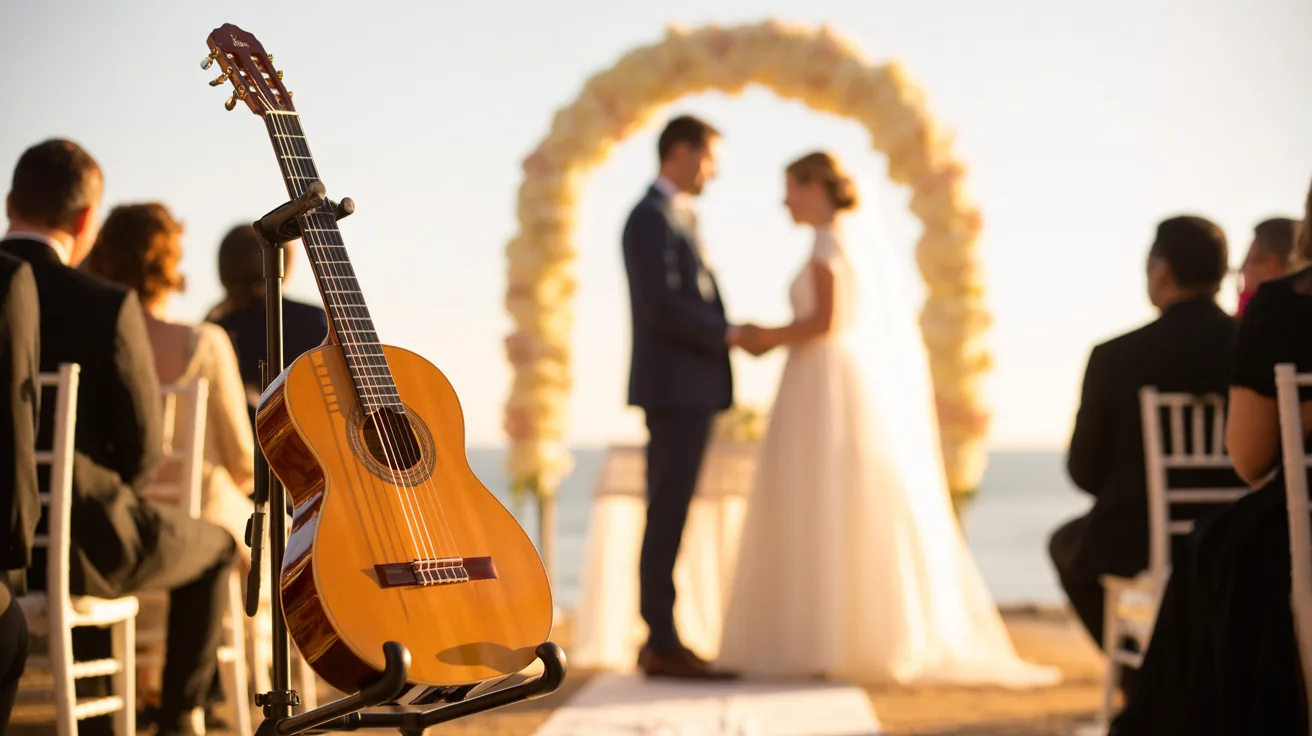 Classical guitar on a stand during a wedding ceremony with bride, groom and guests in the background.