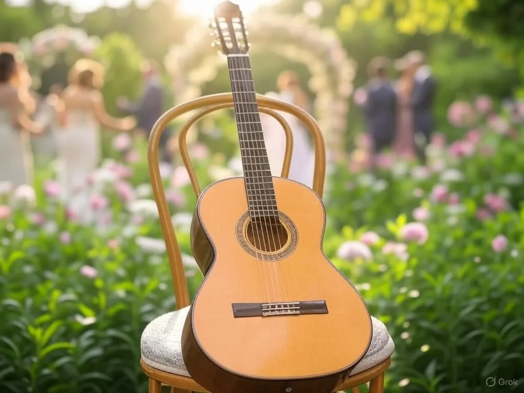 Classical guitar on a chair at a garden wedding.
